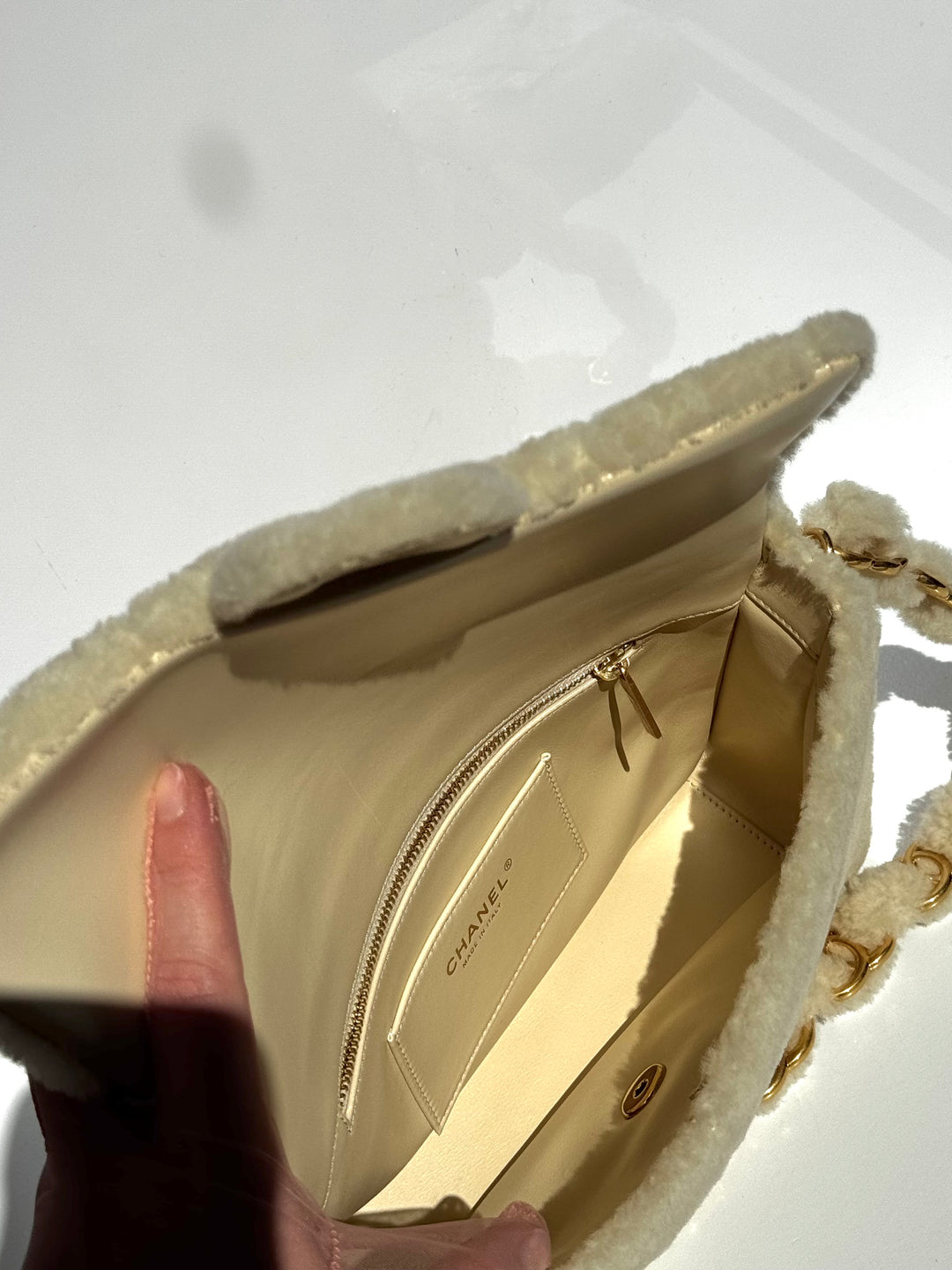 Chanel Ecru Shearling Lambskin Medium CC Chains Flap Bag