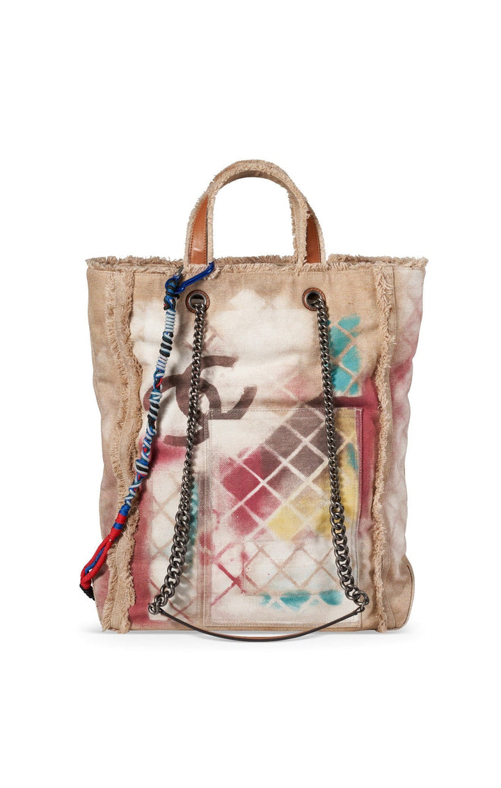 Chanel Runway Art School Graffiti Canvas Tote Beige Multicolor Ruthenium Hardware 2014