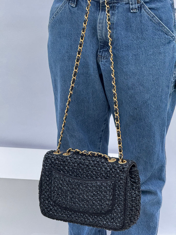 Chanel 18C Black Ancient Greece Raffia Crochet Flap Bag