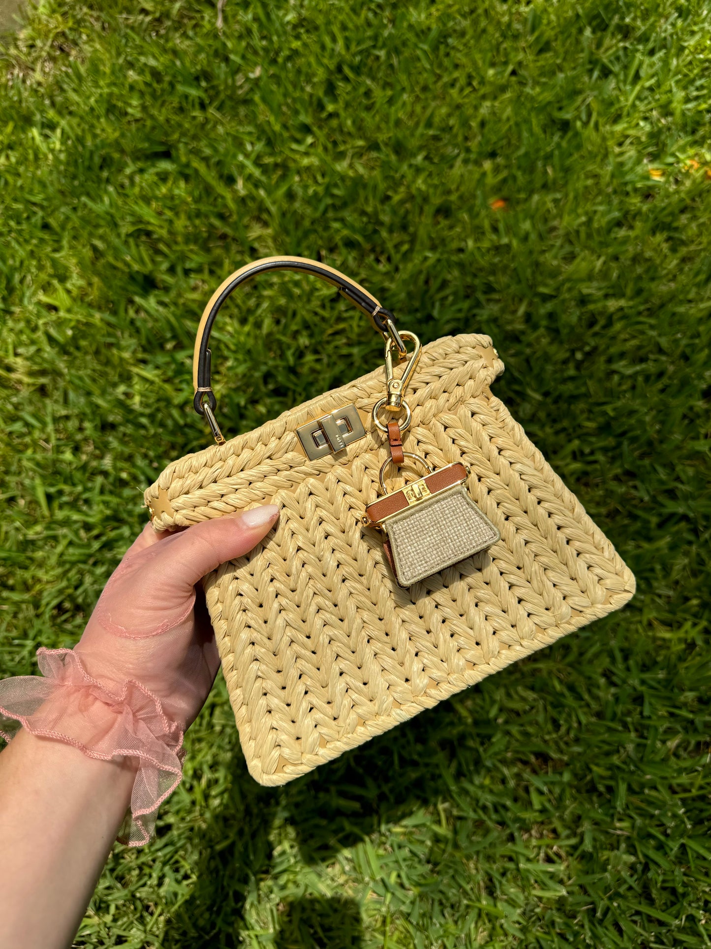 Fendi Peekaboo ISeeU Petite Sand Raffia Bag + Fendi Charm