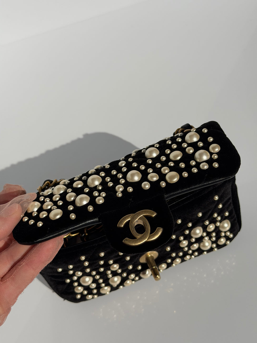 Chanel Black Velvet Mini Pearl Flap Bag