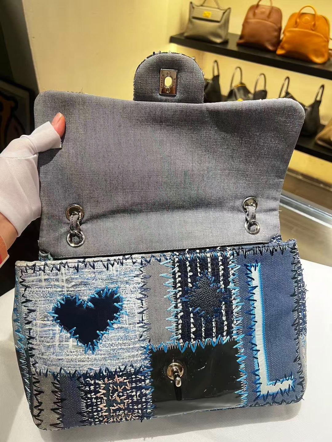Chanel Jumbo Single Flap Patchwork Denim Blue Tweed Textile Leather Silver Hardware 2015