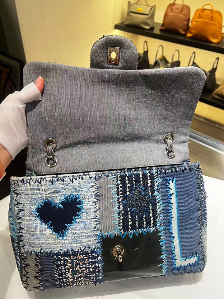 Chanel Jumbo Single Flap Patchwork Denim Blue Tweed Textile Leather Silver Hardware 2015