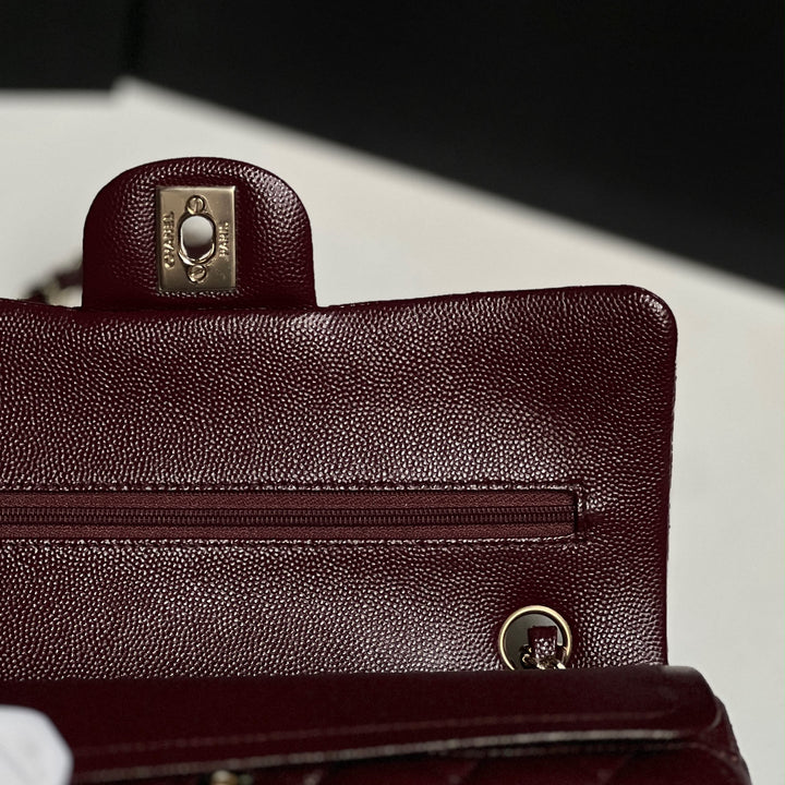 Chanel Small Classic Double Flap Caviar Burgundy Light Gold Hardware 2021