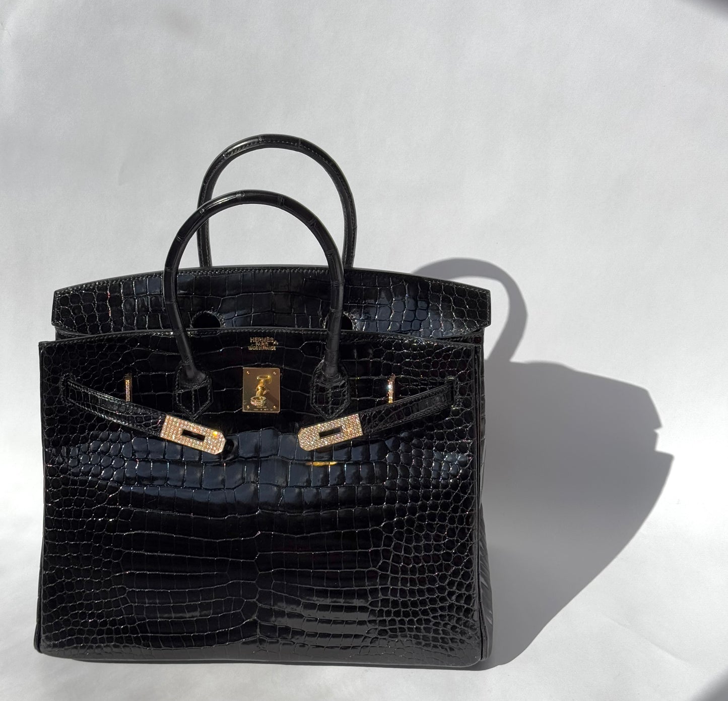 Hermes 18K Yellow Gold Diamond Black Porosus Crocodile Birkin 35