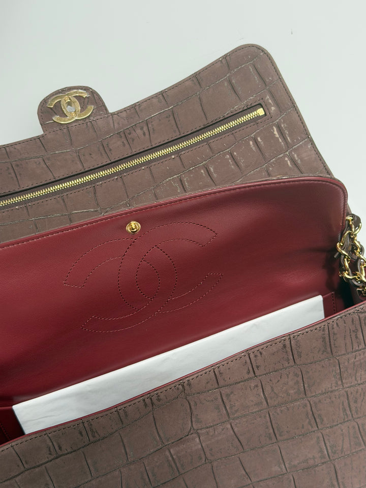 Chanel Maxi Flap Bag Brown Croc-Embossed Suede Calfskin Gold Tone Hardware 2026