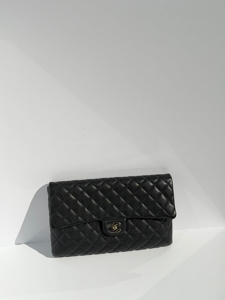 Chanel 18B Black Classic Quilted Caviar Clutch