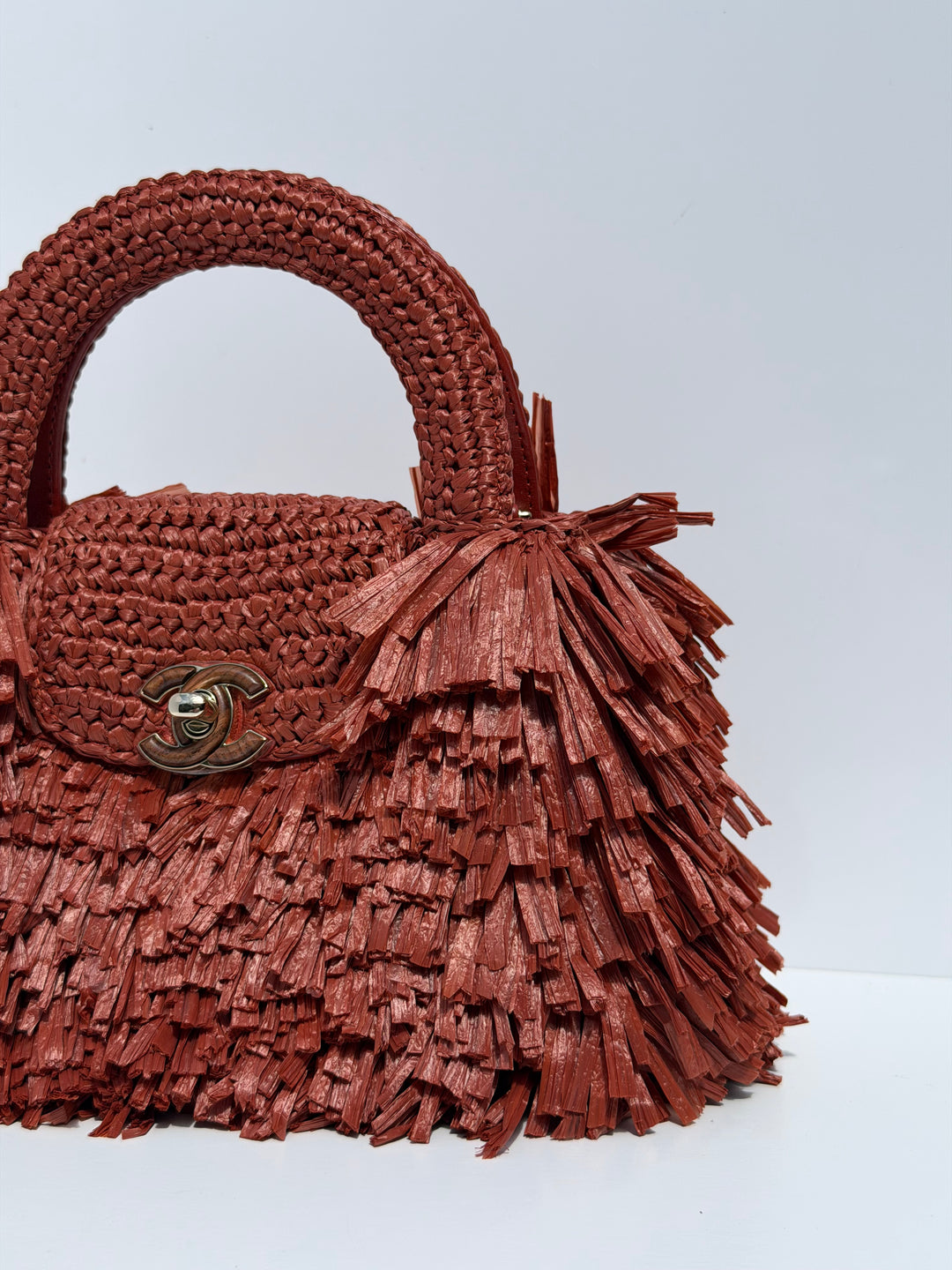 Chanel Mini Shopping Bag Fringed Raffia Effect Fabric Rust Gold Tone Metal 2026