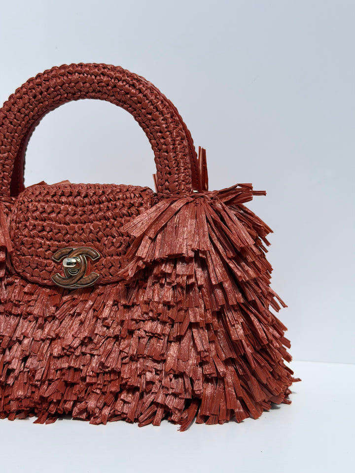 Chanel Mini Shopping Bag Fringed Raffia Effect Fabric Rust Gold Tone Metal 2026