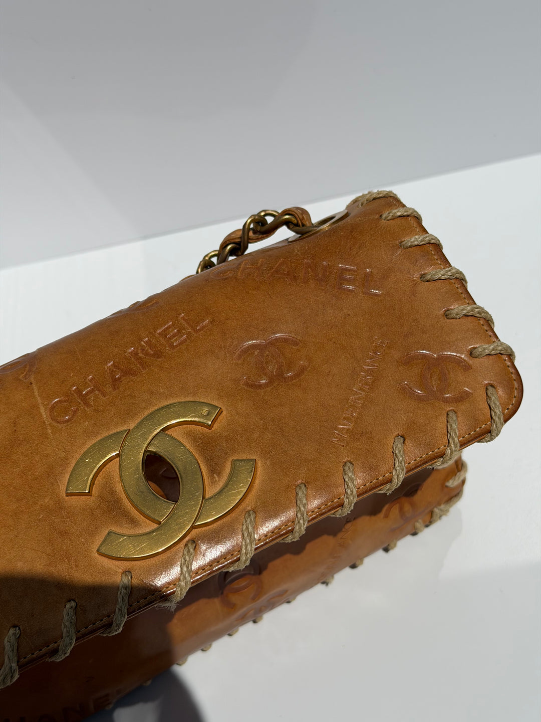 Chanel Half Flap Bag Tan Debossed Logo Calfskin Whipstitched Gold Hardware 1994