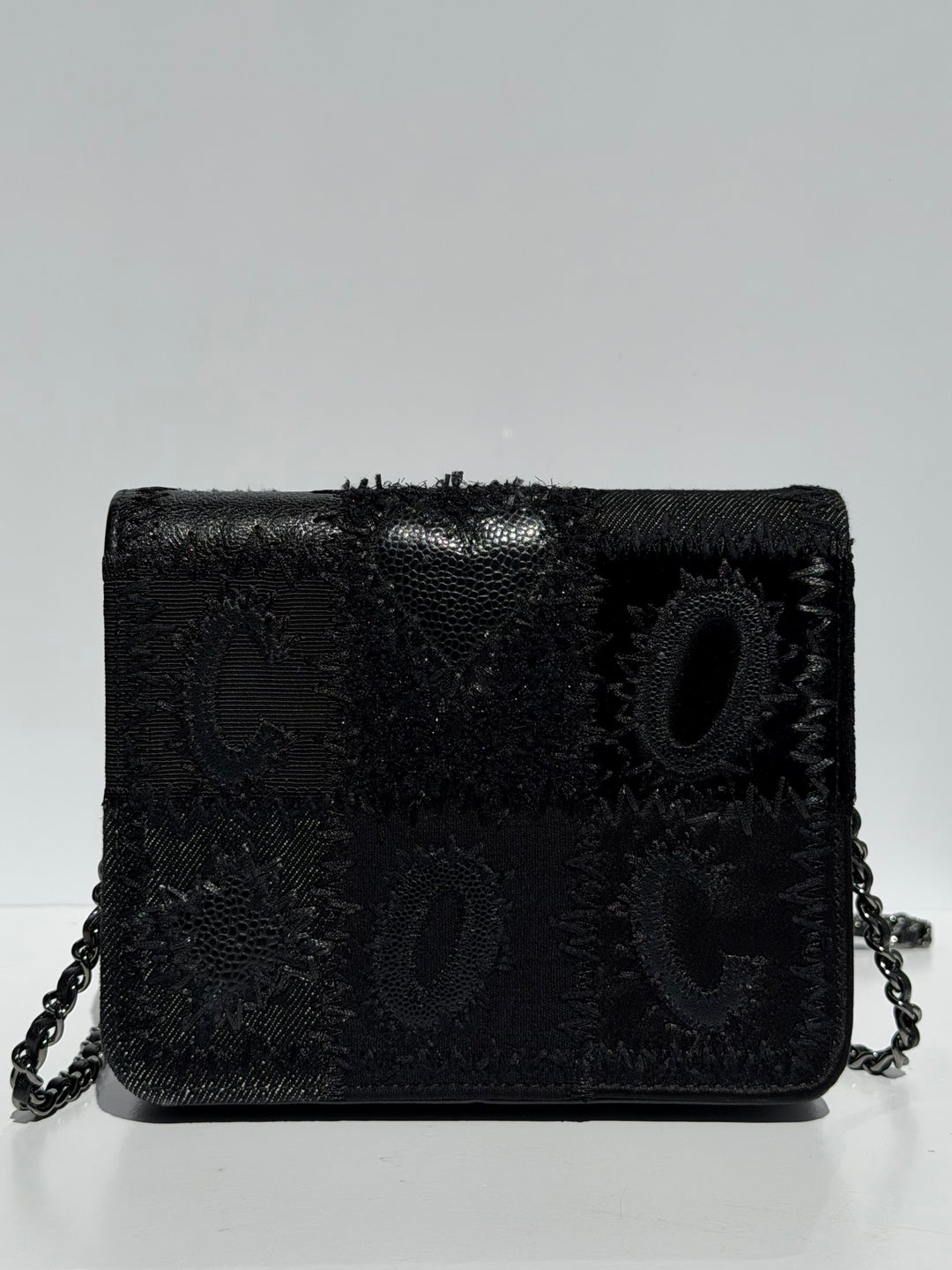 Chanel Black Mixed Media Patchwork Square Wallet on Chain Silver Hardware 2018