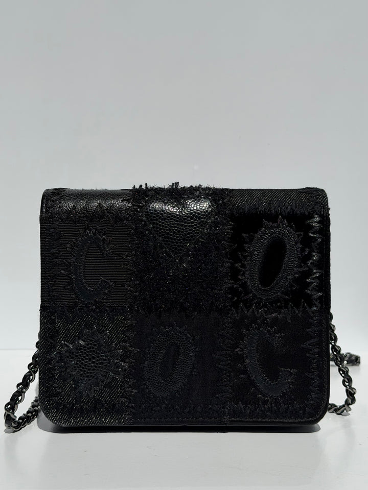 Chanel Black Mixed Media Patchwork Square Wallet on Chain Silver Hardware 2018