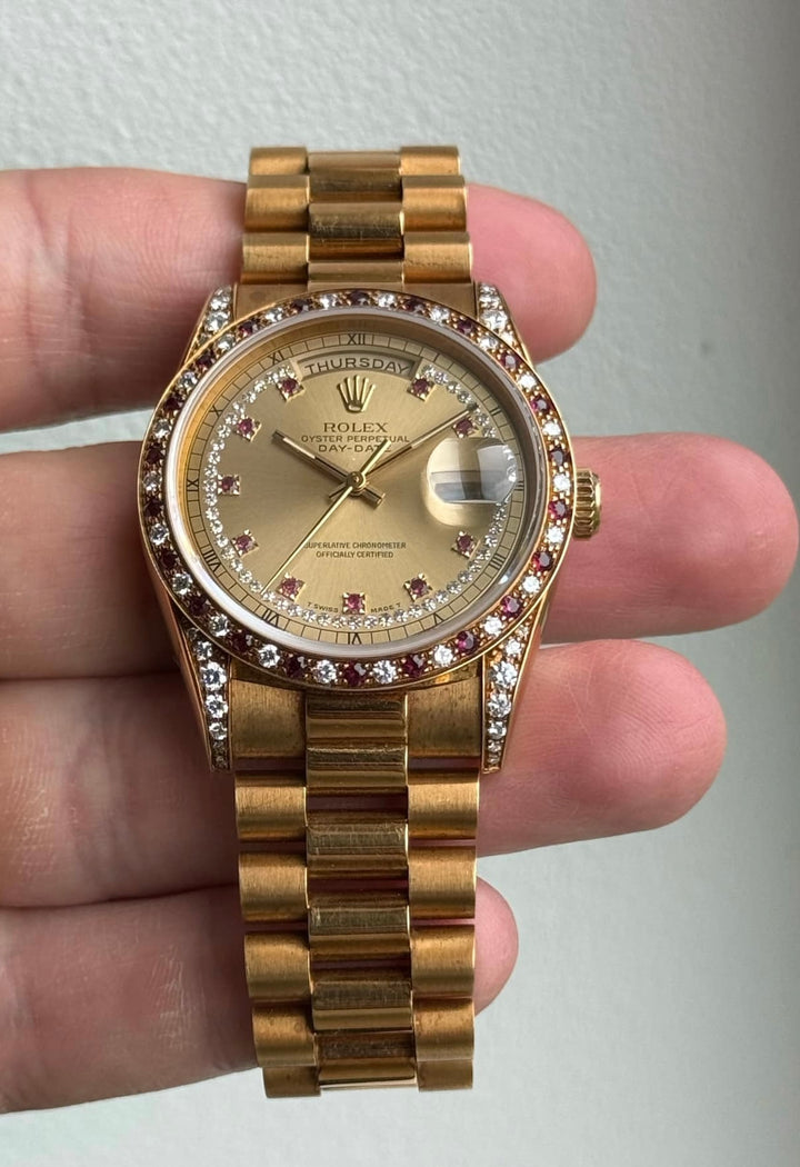 Vintage 1990 Rolex Day-Date 36mm Yellow Gold, Ruby String Dial Diamond Watch