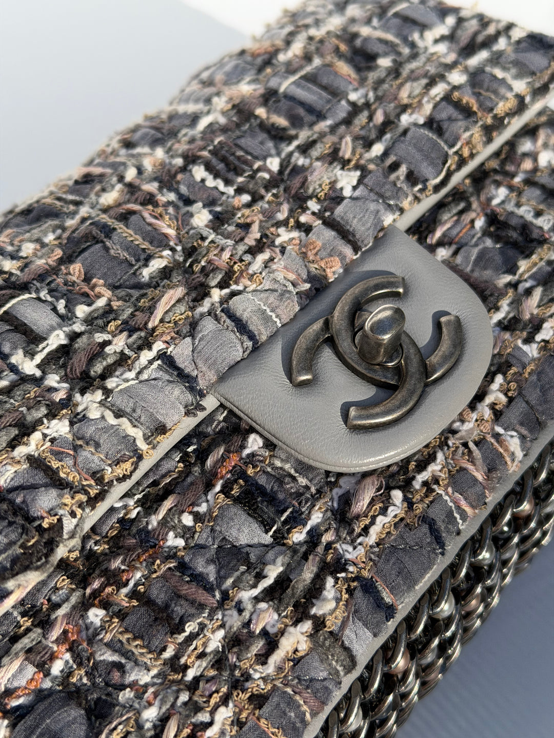 Chanel River of Pearls Mini Flap Quilted Tweed Grey Aged Silver Hardware