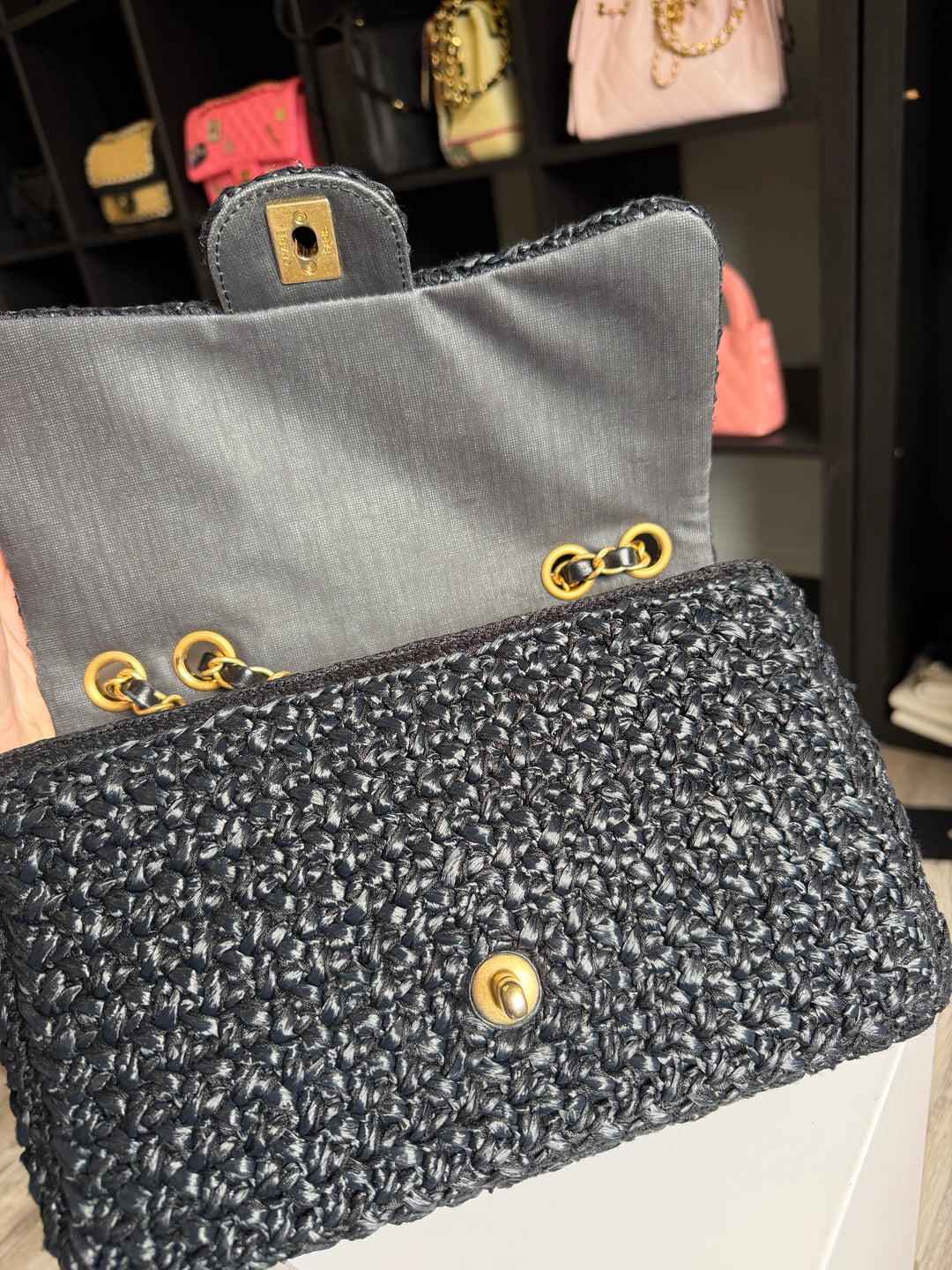 Chanel 18C Black Ancient Greece Raffia Crochet Flap Bag