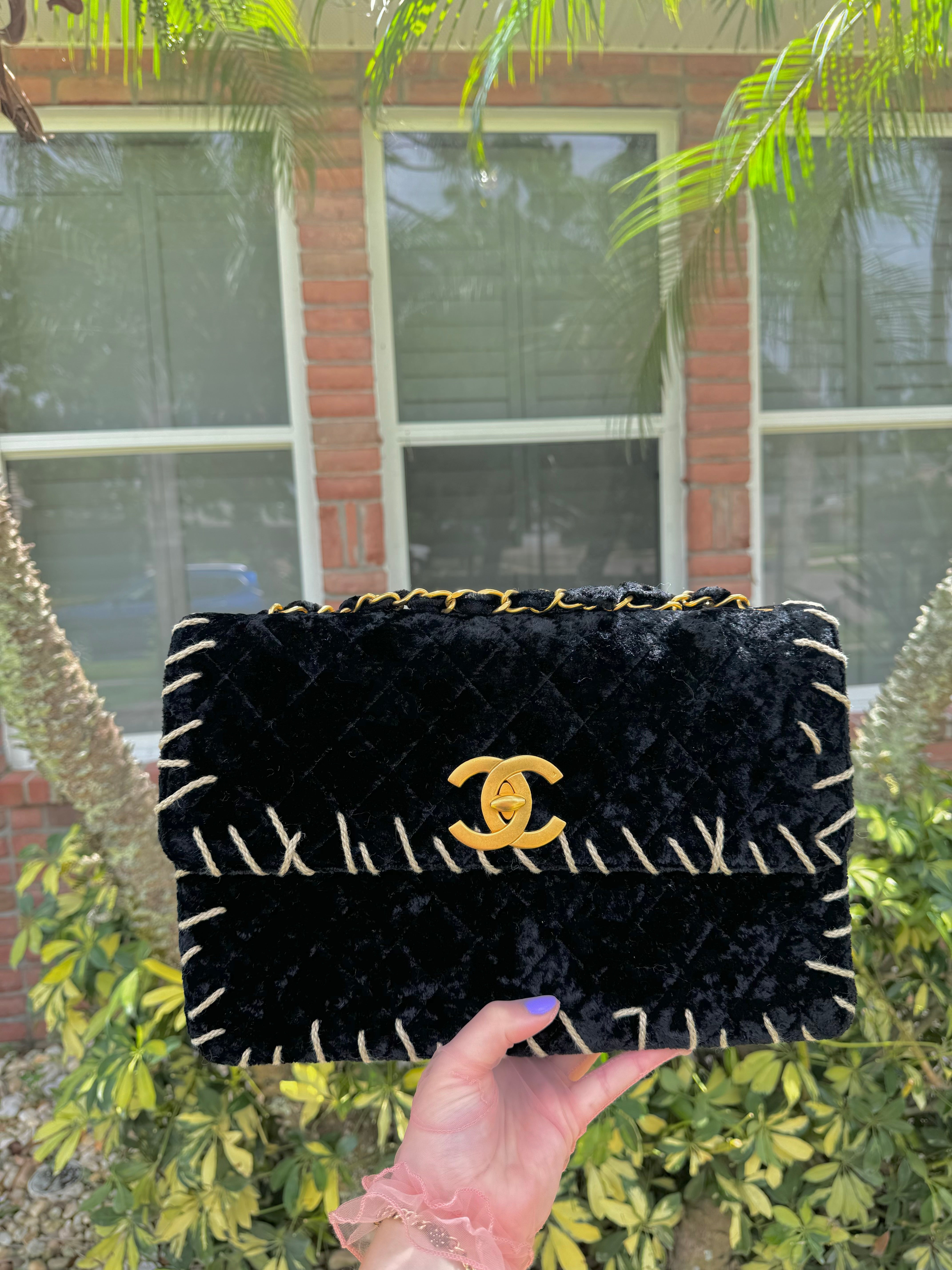 Chanel 1993 Black Velvet Whipstitch CC Flap Bag – Its A Luv Story