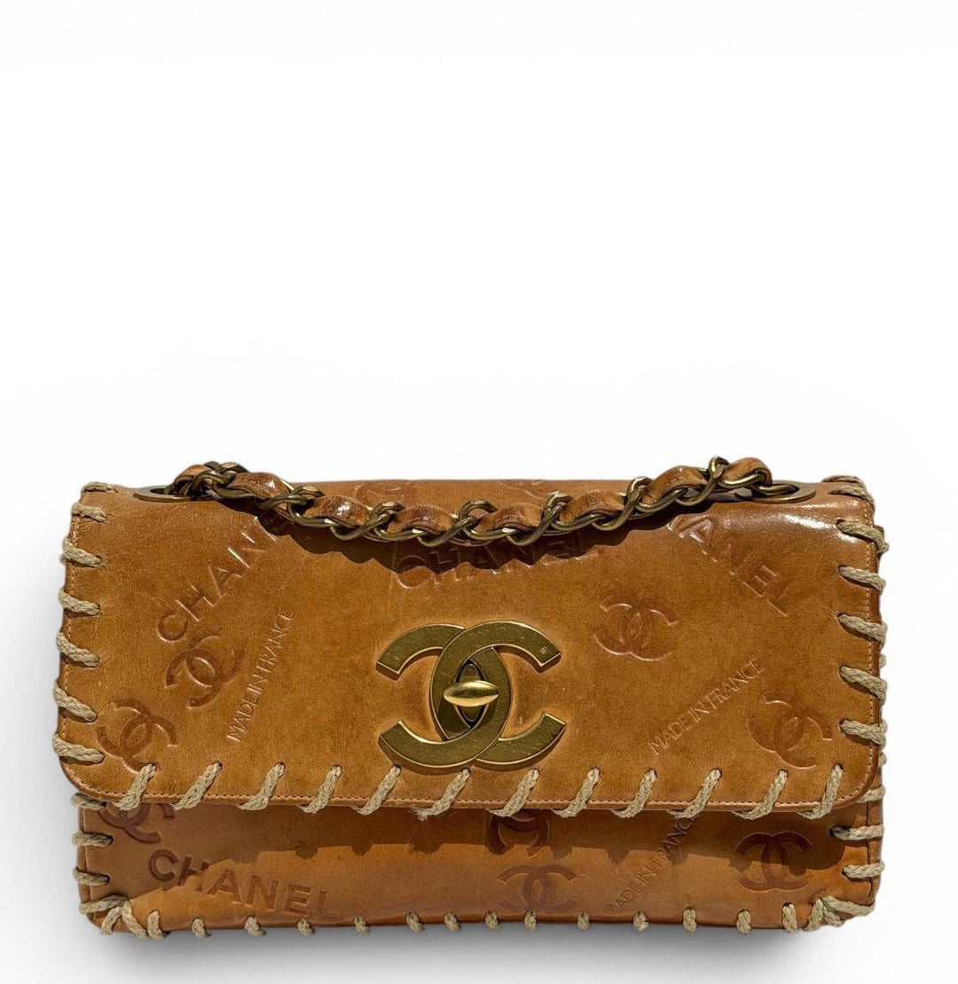 Chanel Half Flap Bag Tan Debossed Logo Calfskin Whipstitched Gold Hardware 1994