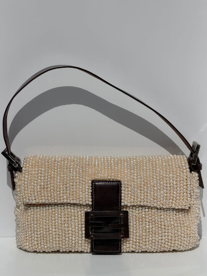 Fendi Pearl Embellished Baguette Brown Leather Trim Silver Hardware 2009