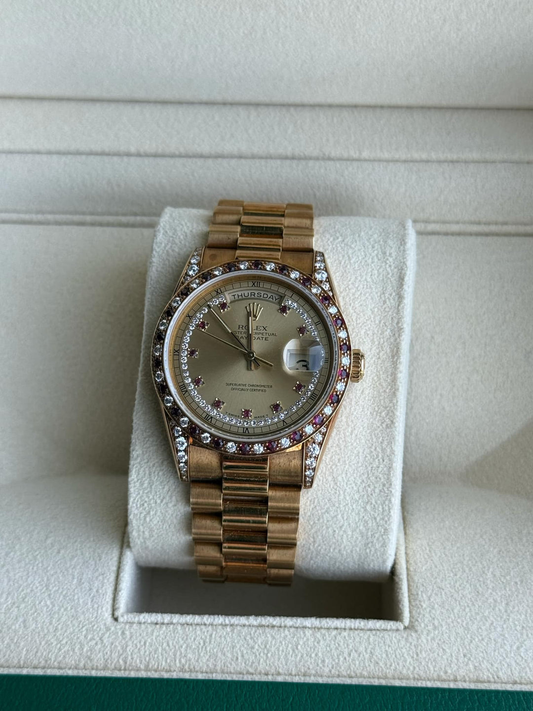 Vintage 1990 Rolex Day-Date 36mm Yellow Gold, Ruby String Dial Diamond Watch