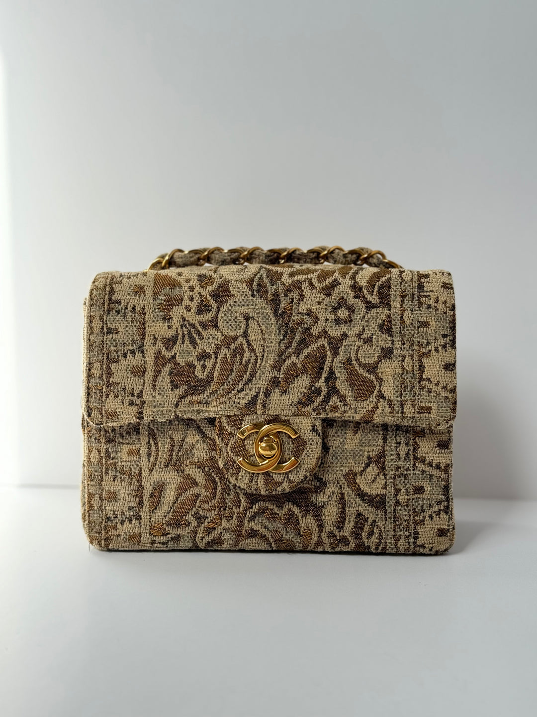 Chanel 1991 Bronze Metallic Brocade Vintage Mini Square Flap Bag