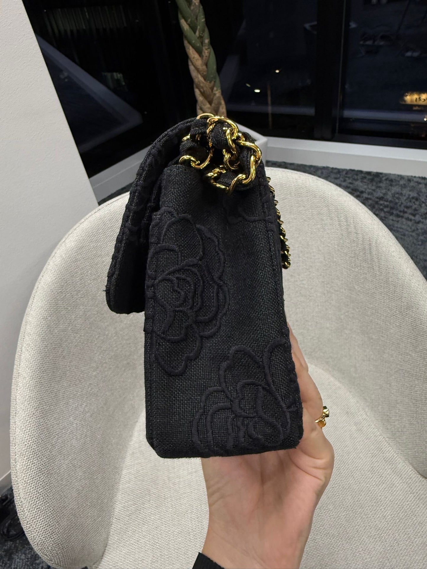 Chanel 1997 Small 24K Black Camellia Classic Flap Bag