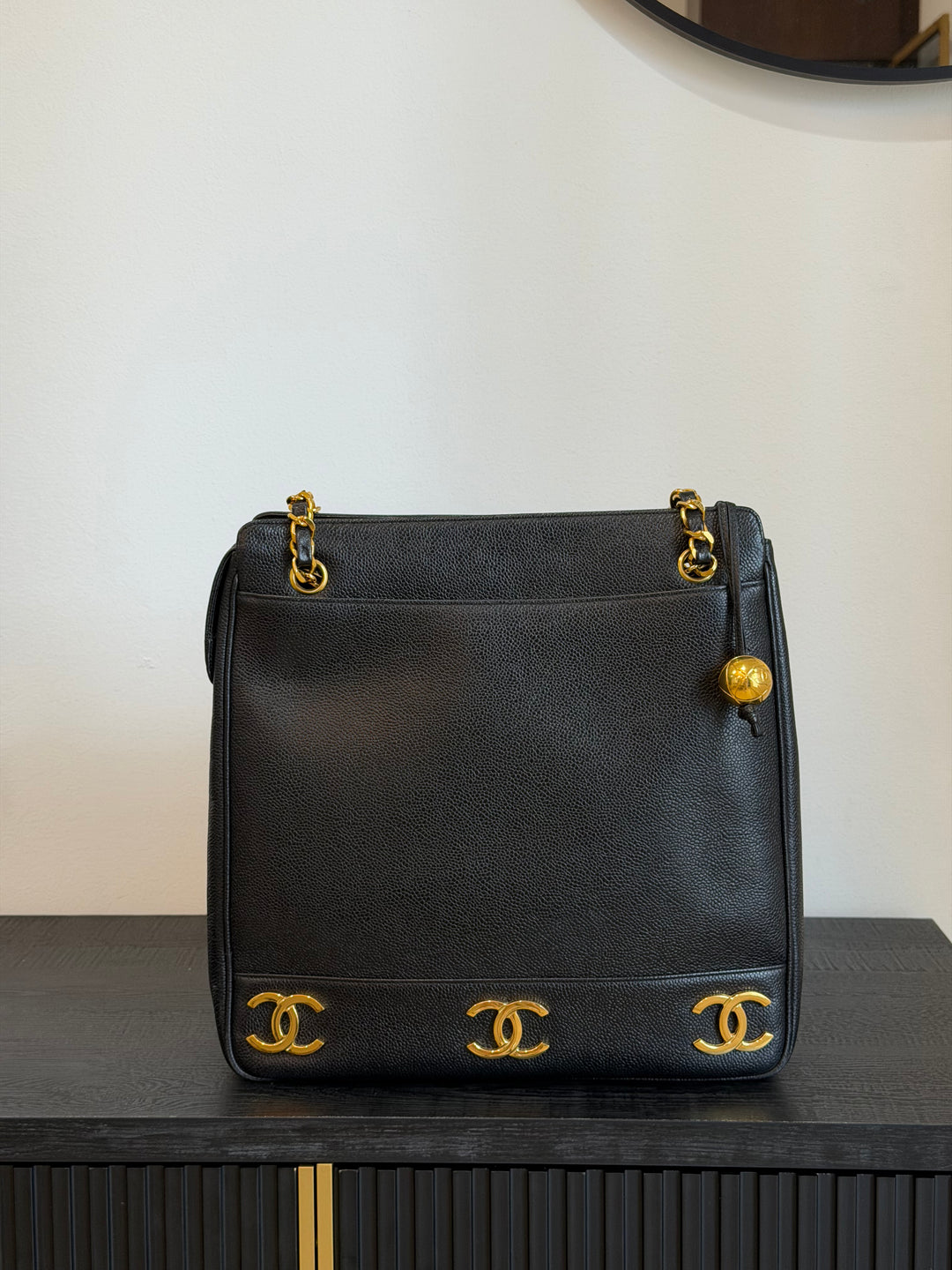 Chanel Black Caviar Triple Coco CC Tote Bag 24K Gold Plated Hardware 1994