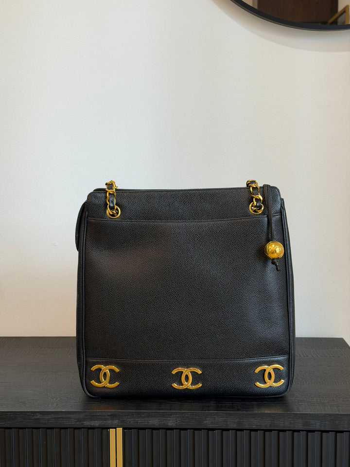 Chanel Black Caviar Triple Coco CC Tote Bag 24K Gold Plated Hardware 1994