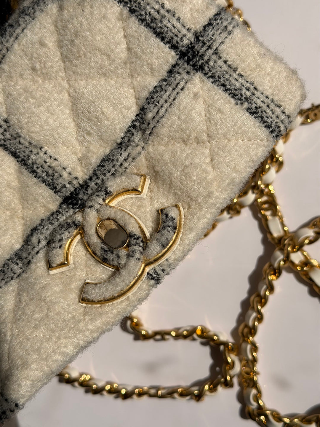 Chanel Small Elegant Chain Flap Wool Tweed White Black Gold Hardware 2022