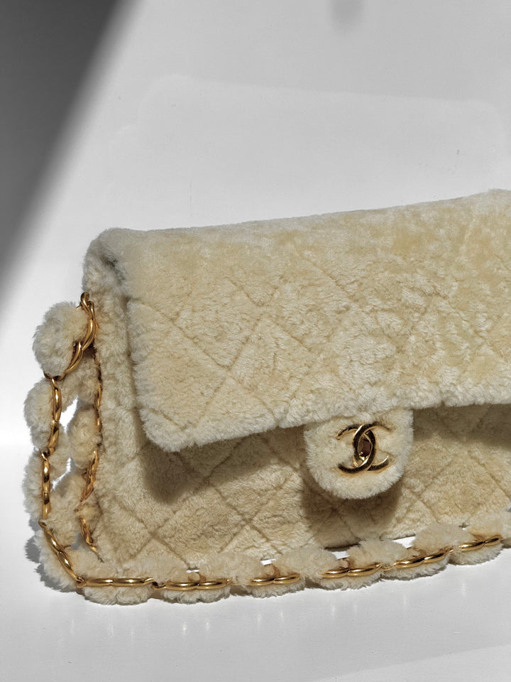 Chanel Ecru Shearling Lambskin Medium CC Chains Flap Bag