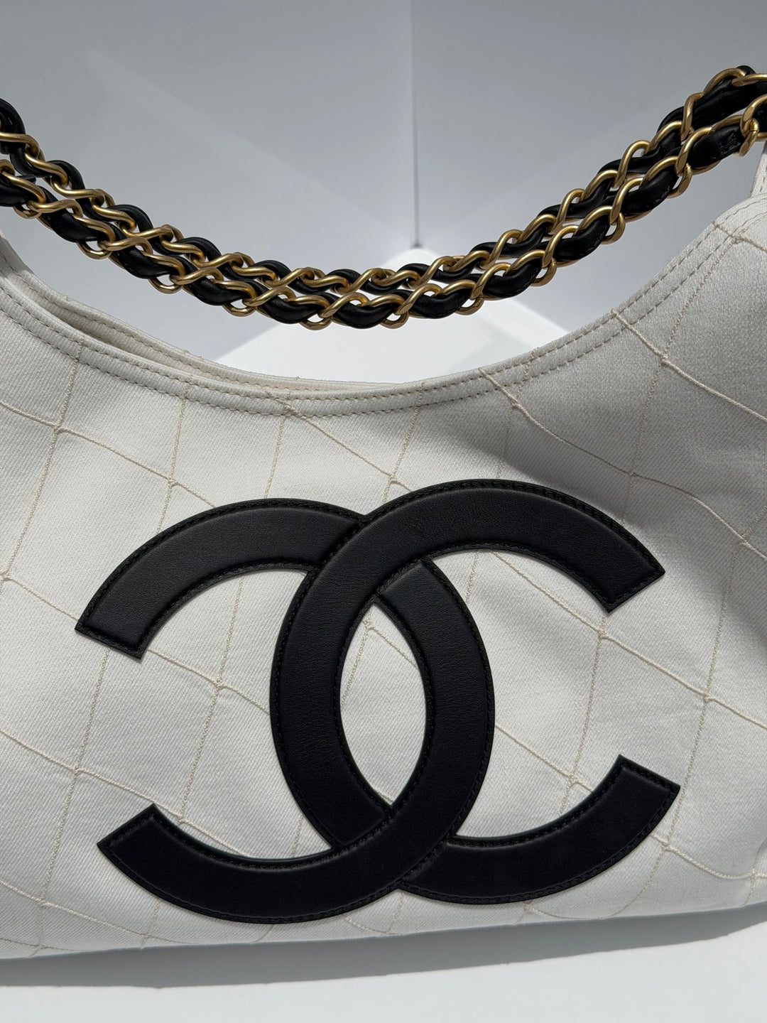 Chanel Coco Beach Maxi Shopping Bag White Denim Black Calfskin Gold Hardware 2026