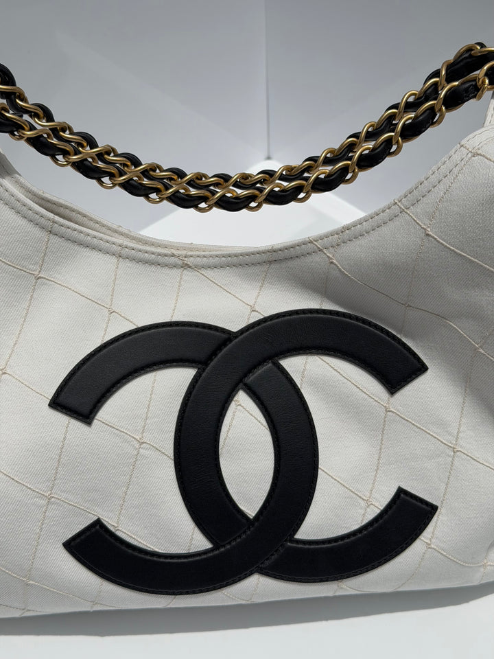 Chanel Coco Beach Maxi Shopping Bag White Denim Black Calfskin Gold Hardware 2026