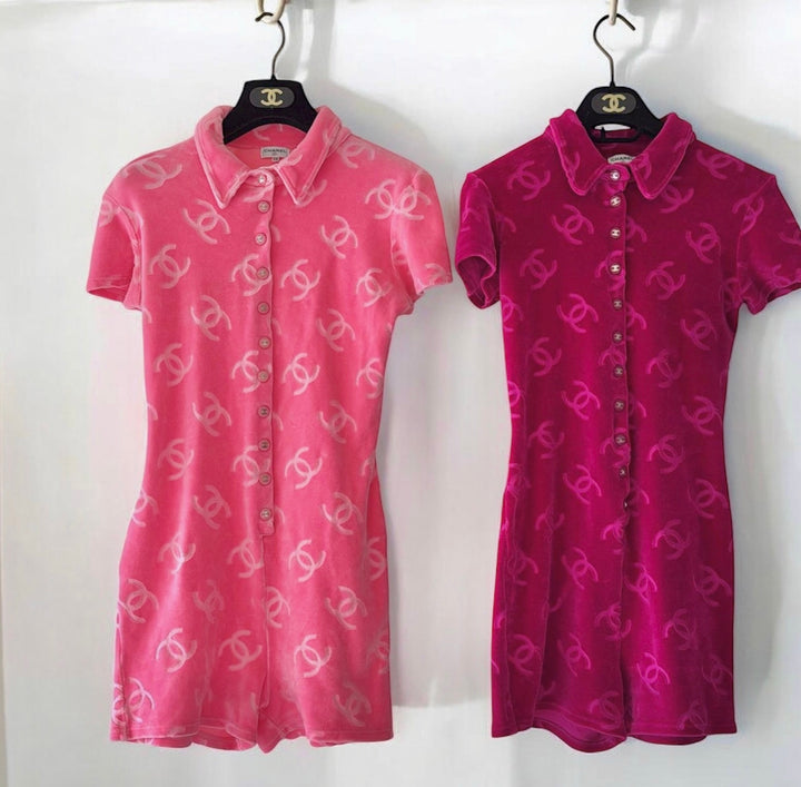 Chanel 1996 ICONIC Hot Pink Velour CC Romper