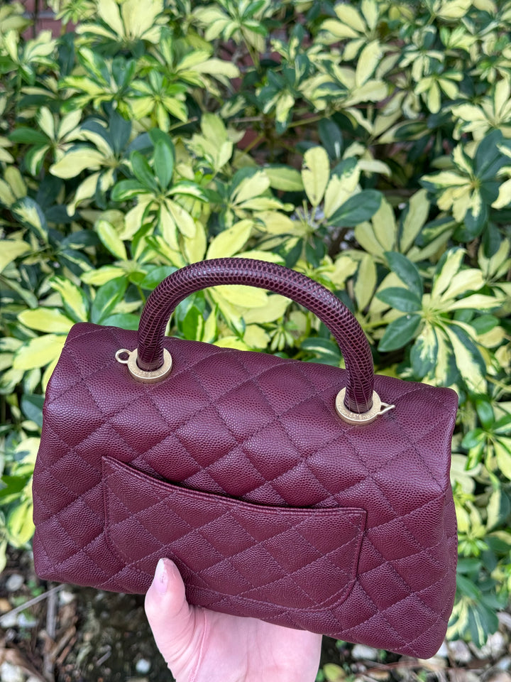 Chanel Small Burgundy Caviar Coco + Lizard Top Handle