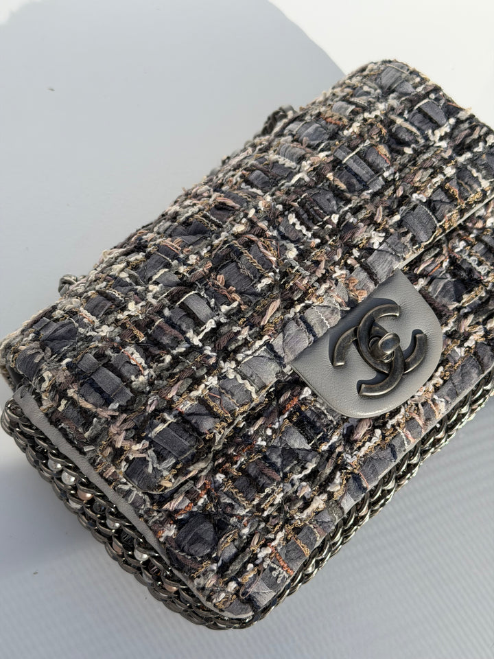 Chanel River of Pearls Mini Flap Quilted Tweed Grey Aged Silver Hardware