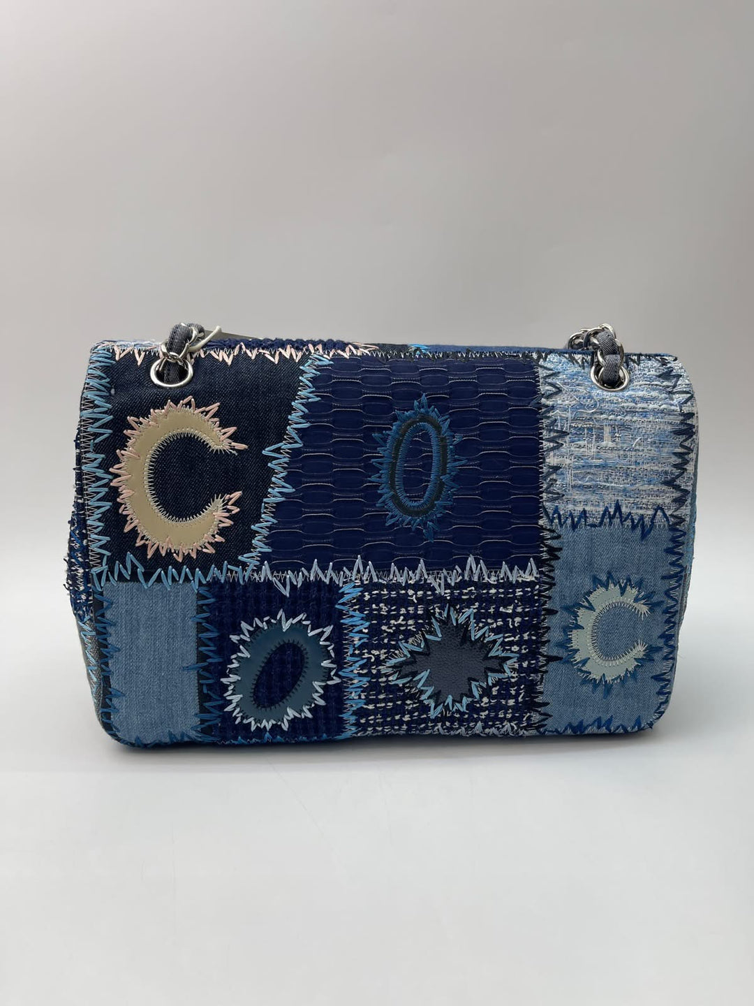 Chanel Jumbo Single Flap Patchwork Denim Blue Tweed Textile Leather Silver Hardware 2015