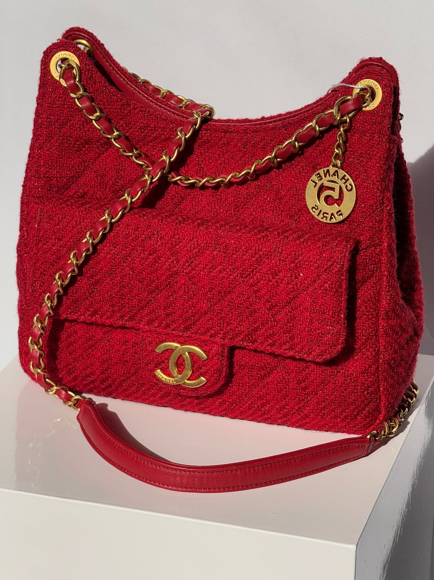 Chanel Small Red Wool Tweed Hobo