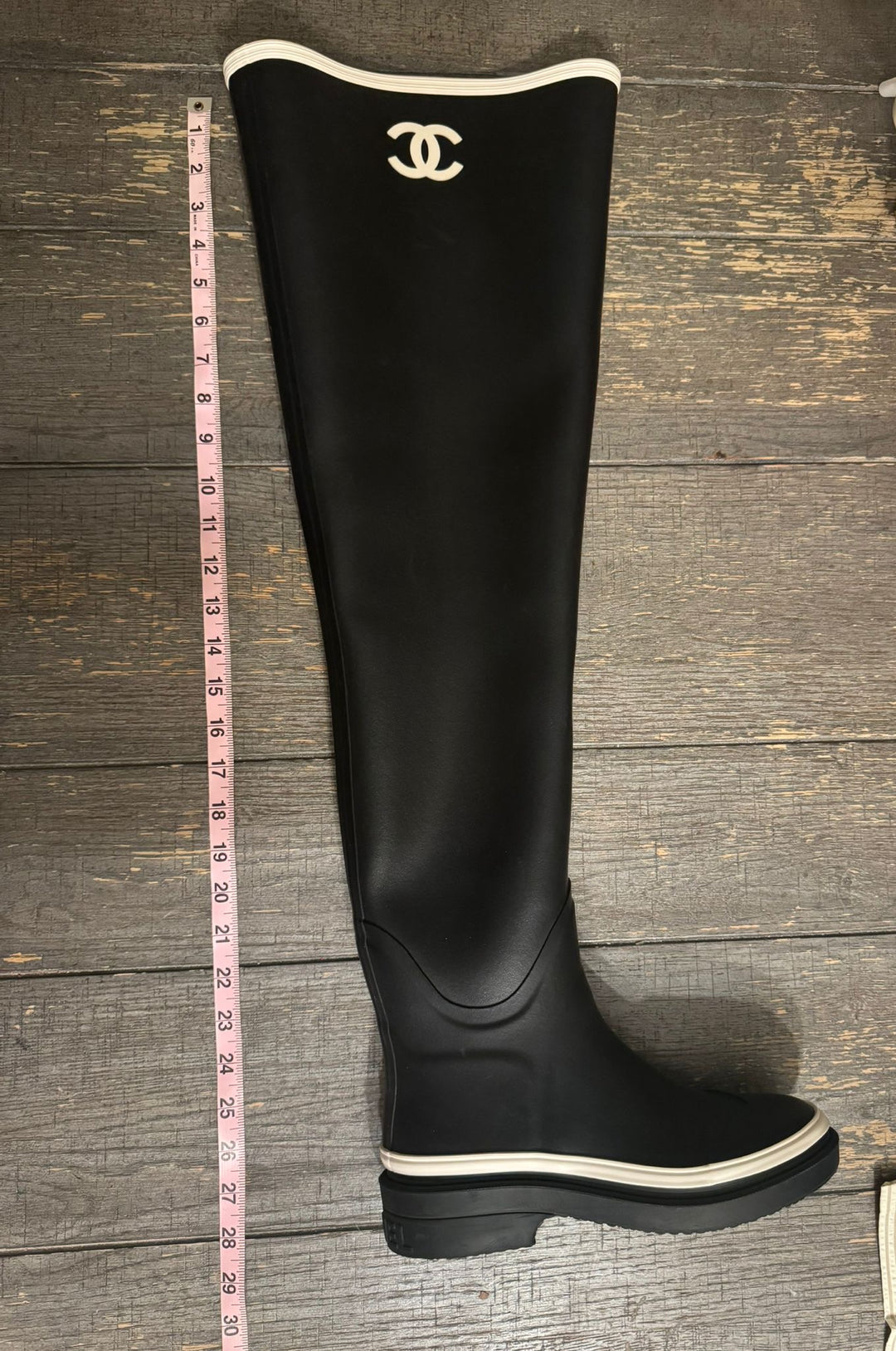 Chanel 22K Black/White Caoutchouc CC Logo Thigh High Rain Boot