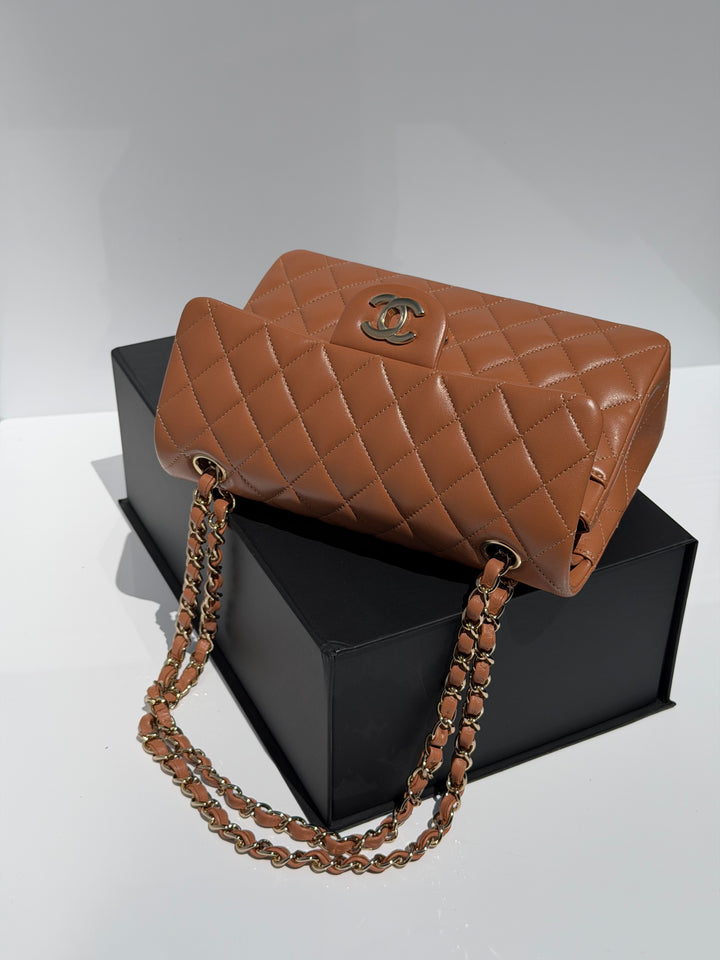 Chanel Small Classic Flap Bag Lambskin Caramel Light Gold Hardware 2022