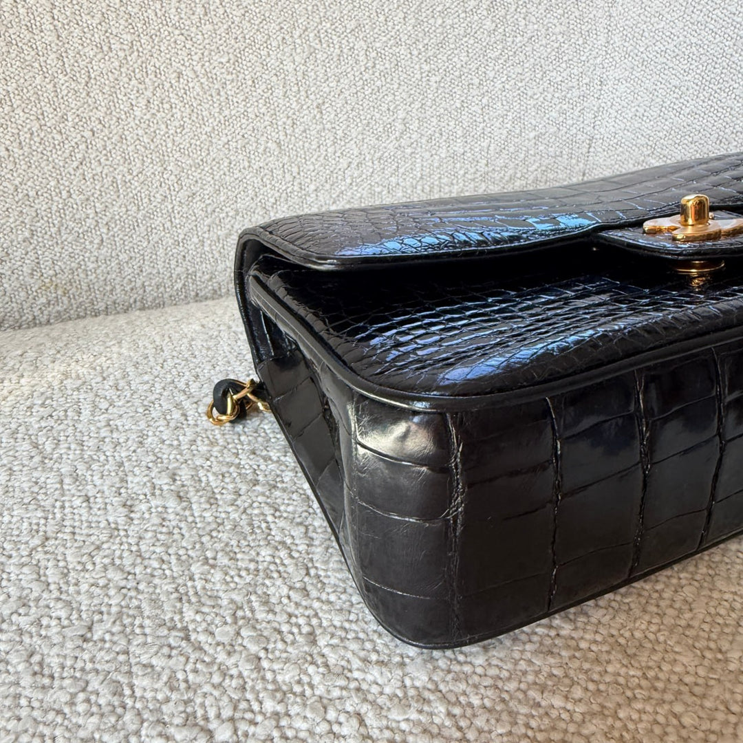 Chanel Medium Classic Flap Bag Alligator Black 24K Plated Gold Hardware 1997
