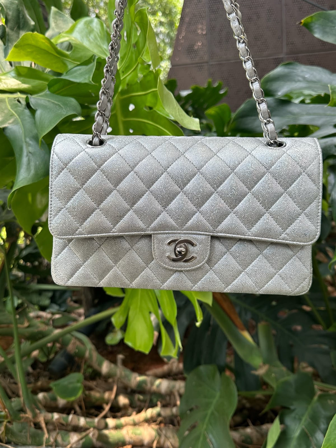 Chanel 21K Medium Flap Bag Silver Metallic Caviar Leather Silver Tone Hardware 2021