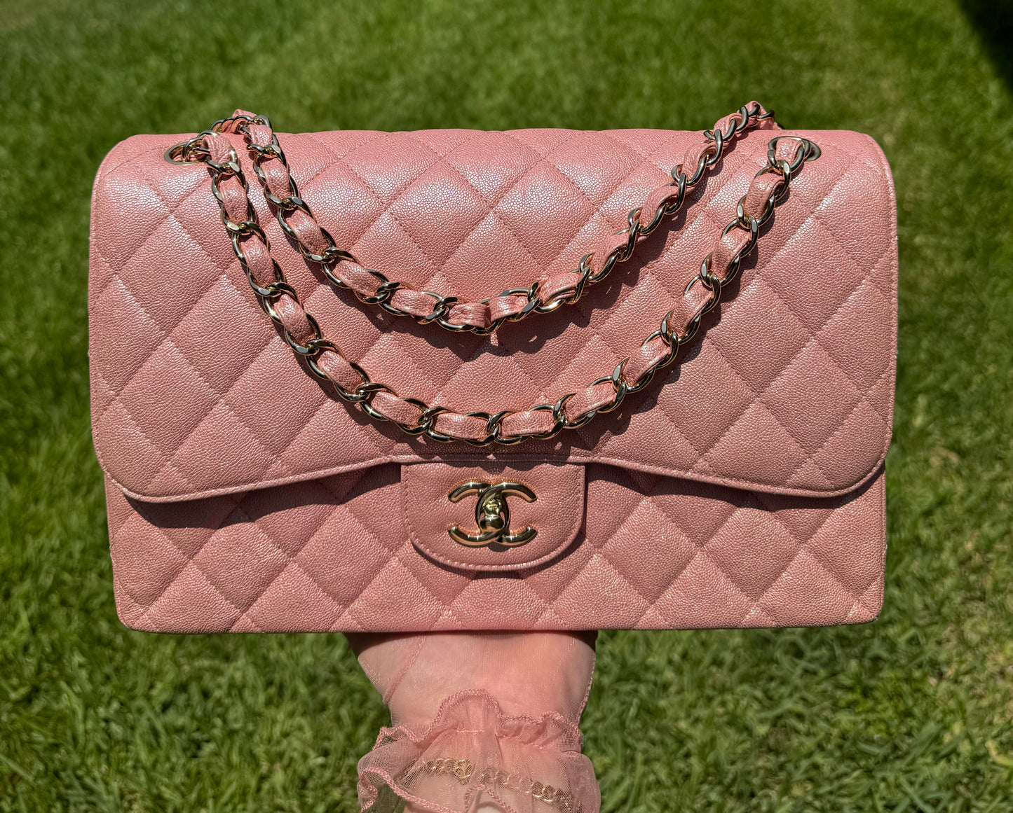 Chanel 19S Pink Iridescent Jumbo Caviar Double Flap Bag