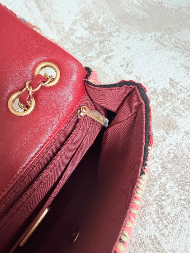 Chanel Embroidered Wool Medium Flap Bag Red Multicolor Gold Hardware 2018