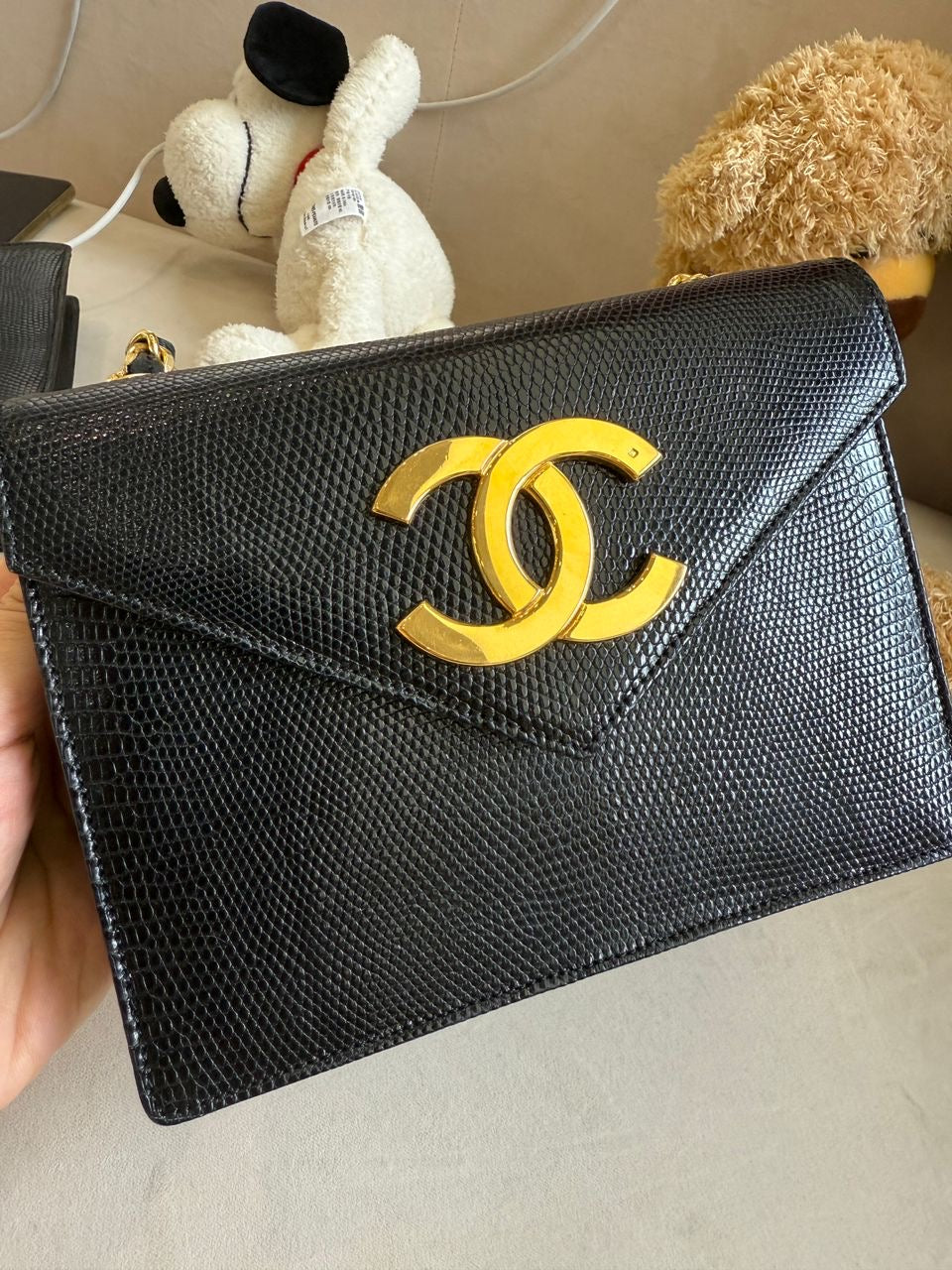 Chanel 1991 Black Lizard CC Envelope Flap Bag