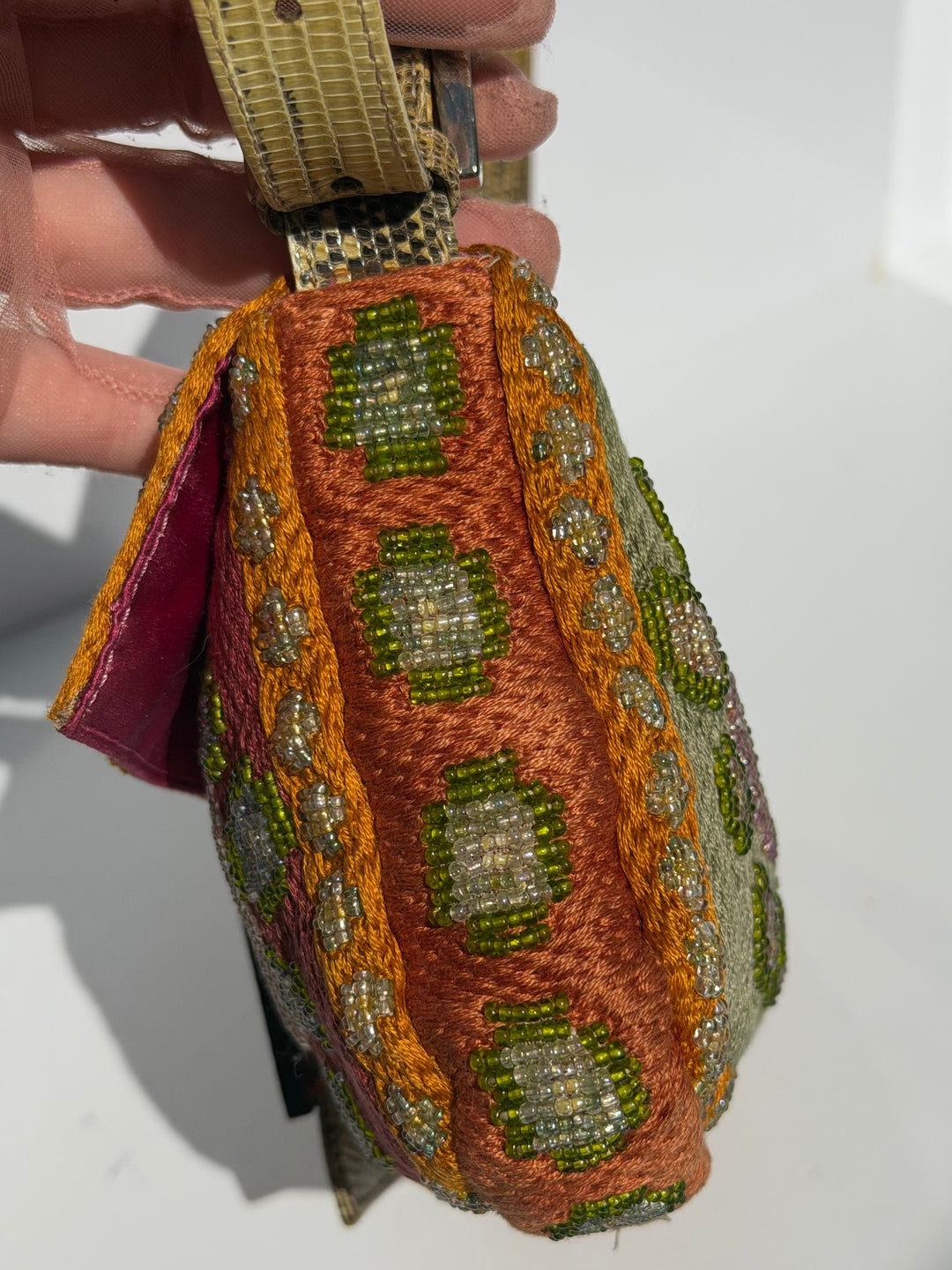 Fendi Multicolor Orange Beaded Baguette Lizard Trim Silver Hardware