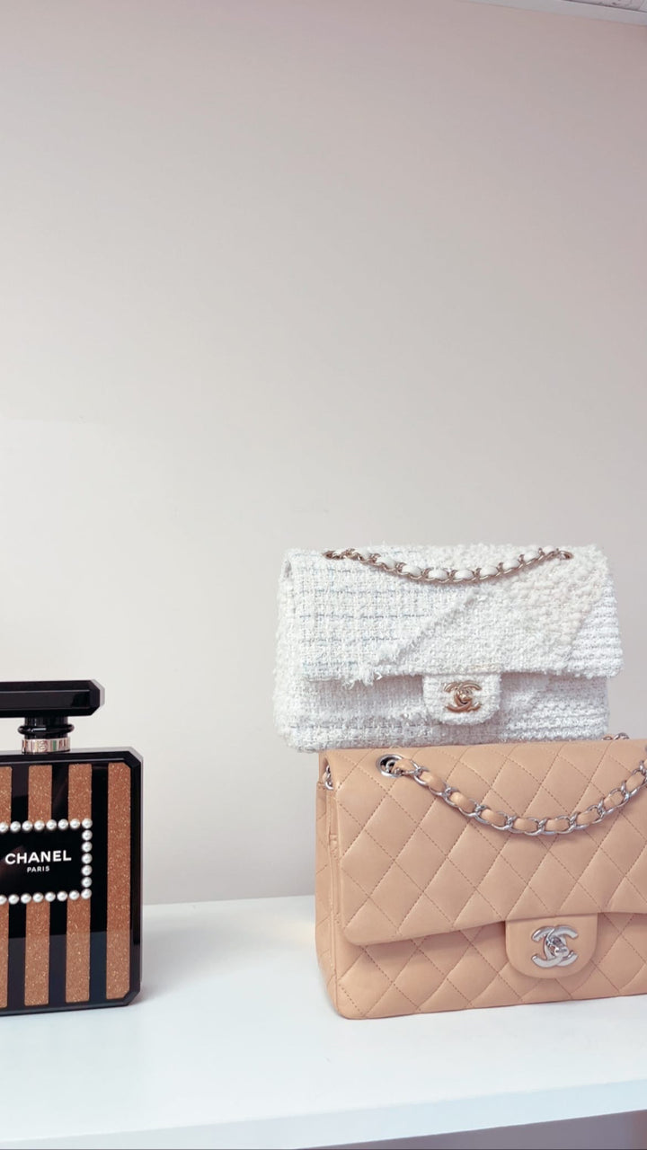 Chanel White Medium Tweed Patchwork Flap Bag