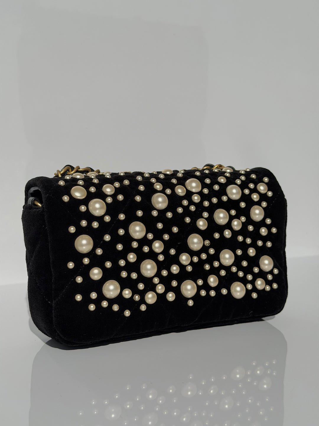 Chanel Black Velvet Mini Pearl Flap Bag