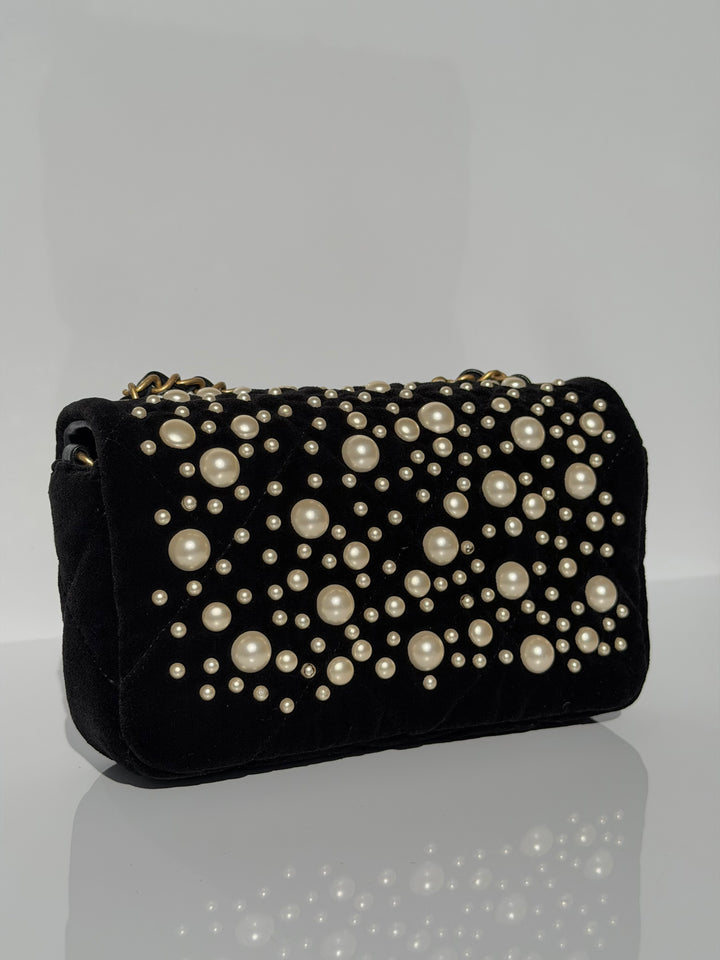 Chanel Black Velvet Mini Pearl Flap Bag