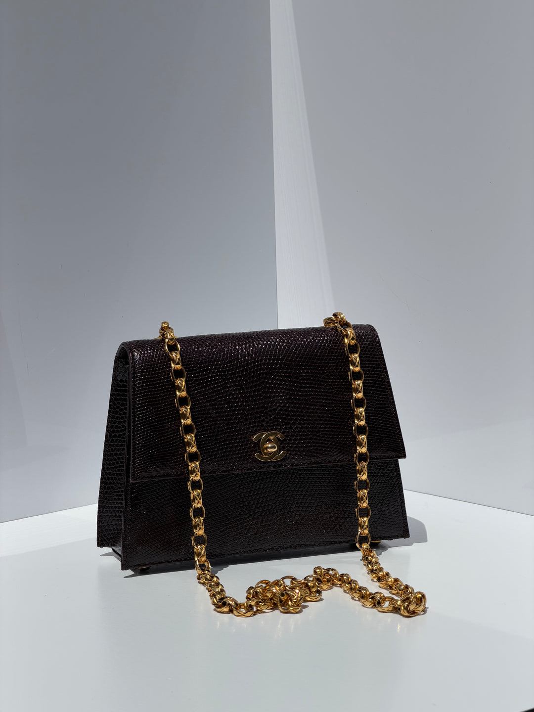 Chanel Small Trapezoid Flap Bag Burgundy Lizard Leather Gold Hardware With Bijoux Chain 1989