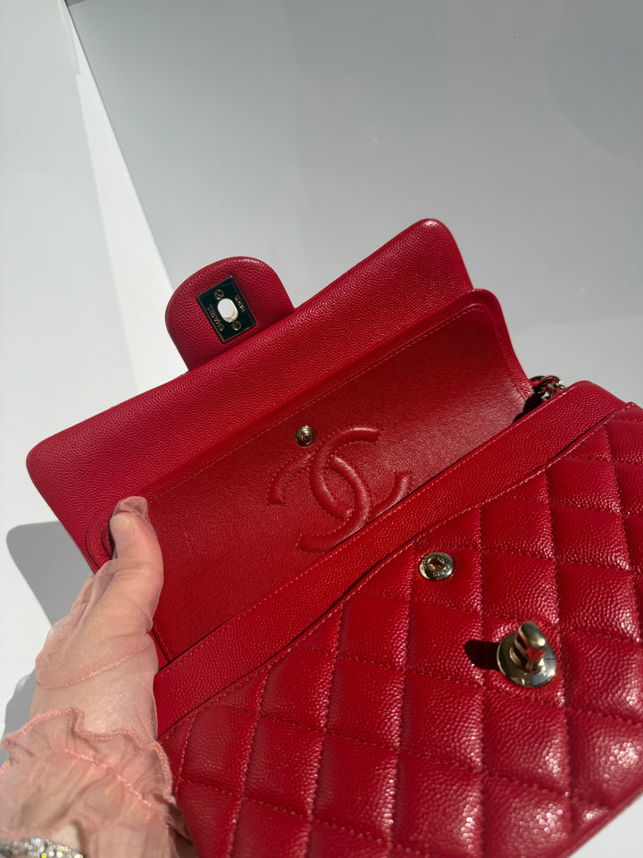 Chanel Small Double Flap Bag Caviar Leather Red Light Gold Hardware 2018