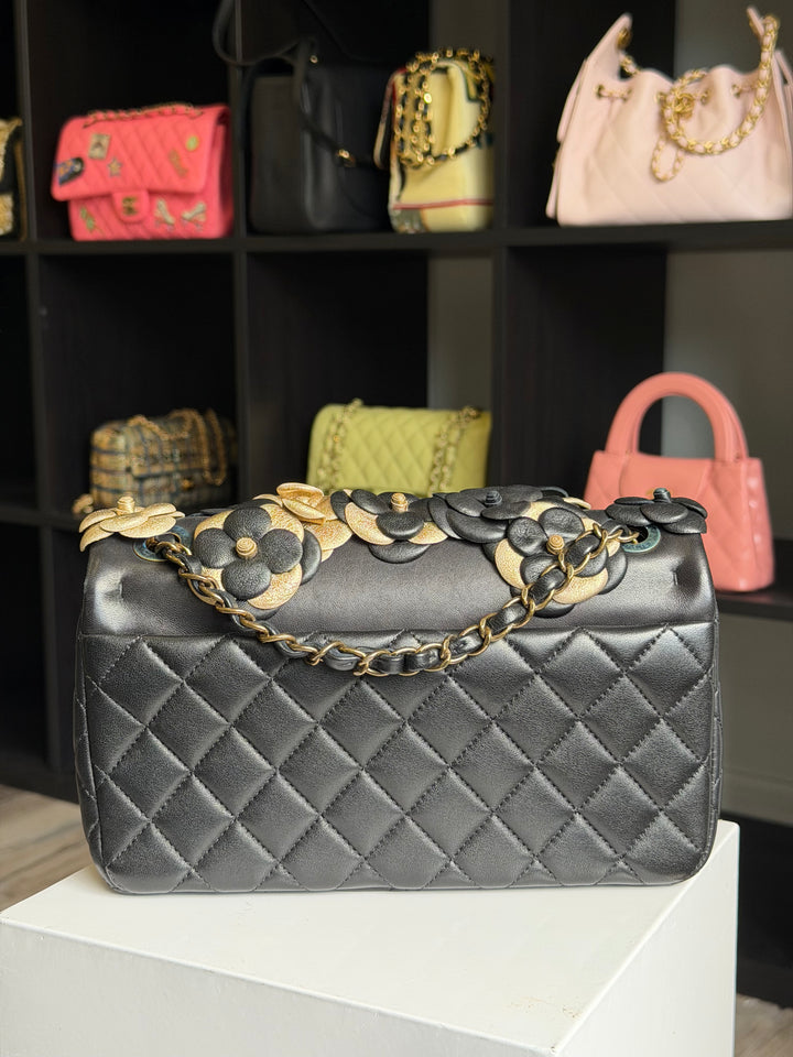 Chanel Metallic Gold and Black Lambskin Camellia Rose Appliqué Medium Flap Bag